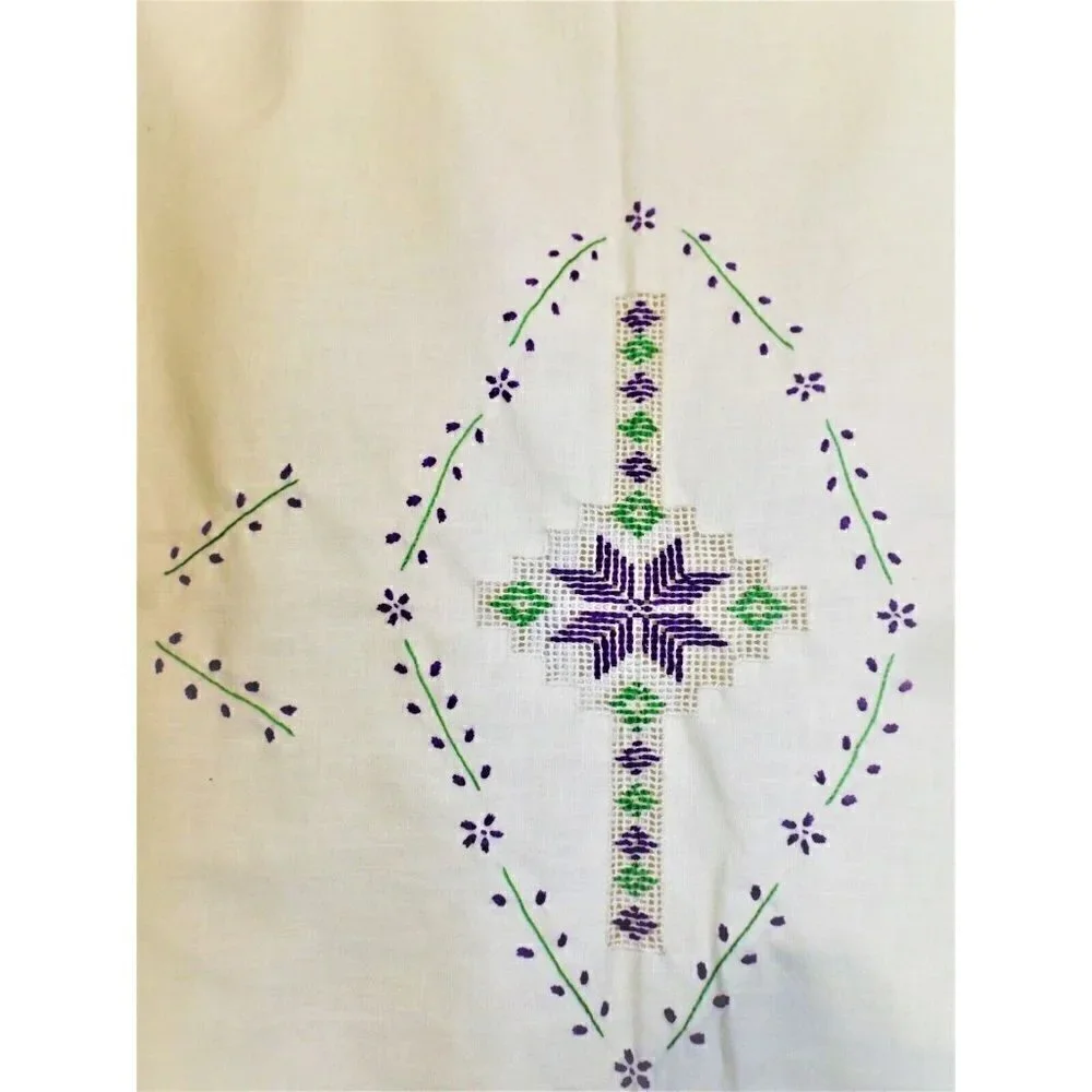 Vintage Embroidered 52 X 68 Beige Linen Tablecloth Purple and Green Design
